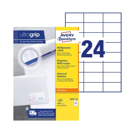 Etiket Avery Zweckform 3658 64.6x33.8mm wit 4800stuks afbeelding