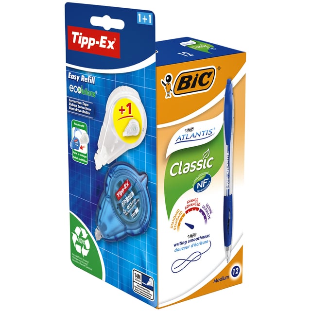Balpen BIC Atlantis + gratis Tipp-Ex easy medium blauw doos à 12 stuks afbeelding