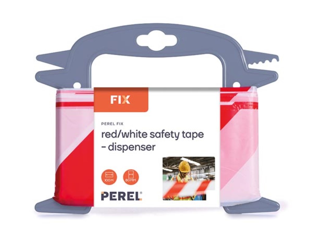 Rood/wit veiligheidslint - 100 m - dispenser afbeelding