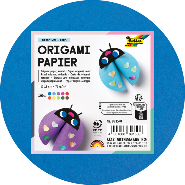 Origami papier Folia 70gr rond 15cm 100 vel assorti kleuren afbeelding