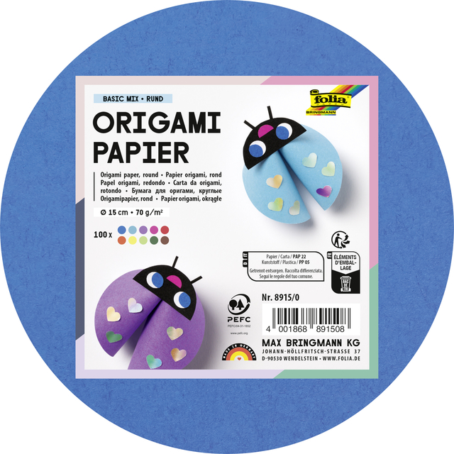 Origami papier Folia 70gr rond 15cm 100 vel assorti kleuren afbeelding