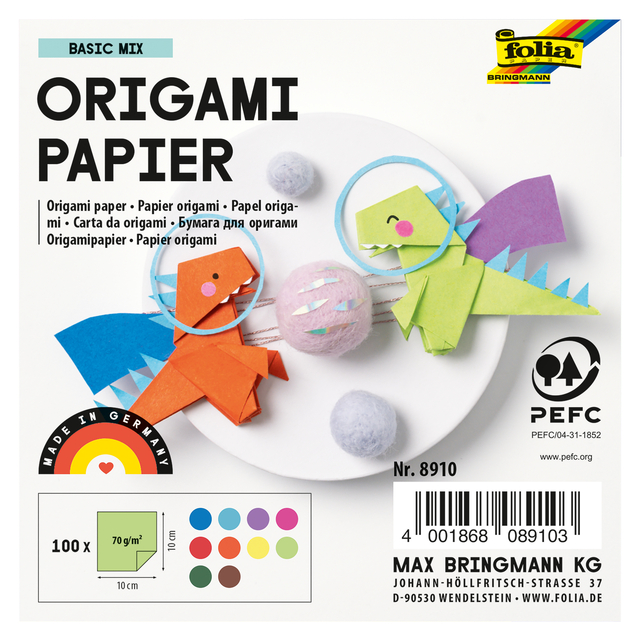 Origami papier Folia 70gr 10x10cm 100 vel assorti kleuren afbeelding