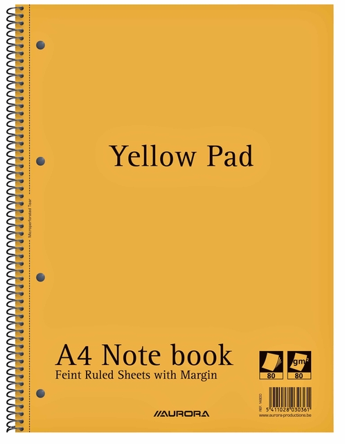Collegeblok Aurora Yellow Pad A4 lijn 4-gaats 160 pagina&apos;s 80gr geel afbeelding