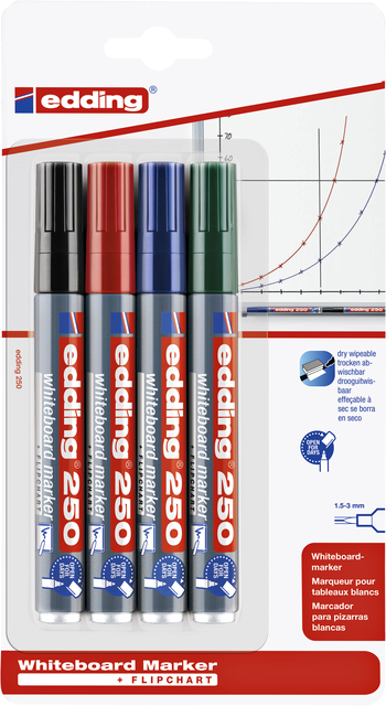 Whiteboardmarker edding 250 rond 1.5-3mm assorti blister à 4 stuks afbeelding