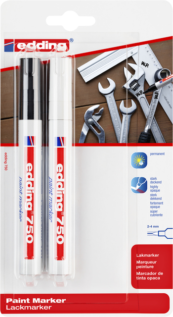 Viltstift edding 750 lakmarker rond 2-4mm wit en zwart blister à 2 stuks afbeelding