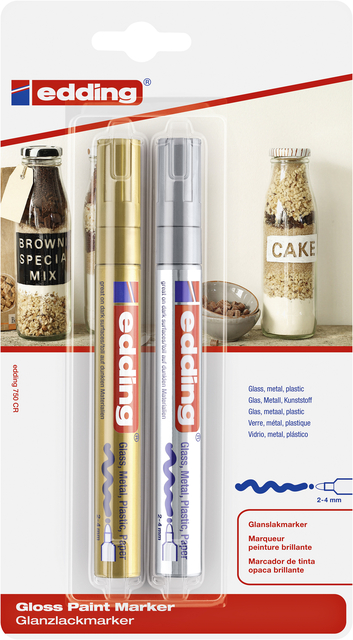 Viltstift edding 750 lakmarker rond 2-4mm goud en zilver blister à 2 stuks afbeelding