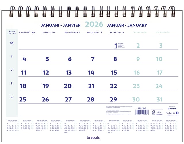 1-Maandskalender 2026 Brepols 43x31.5cm afbeelding