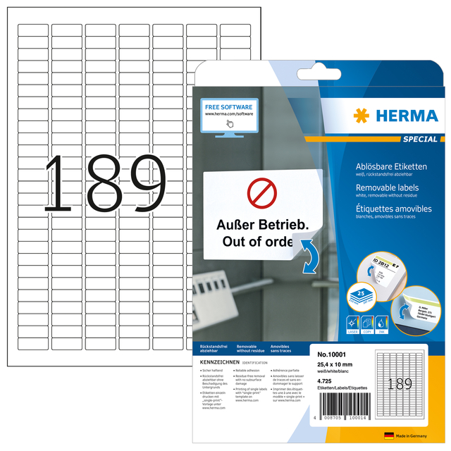 Etiket HERMA 10001 A4 25.4x10mm verwijderbaar wit 4725 stuks