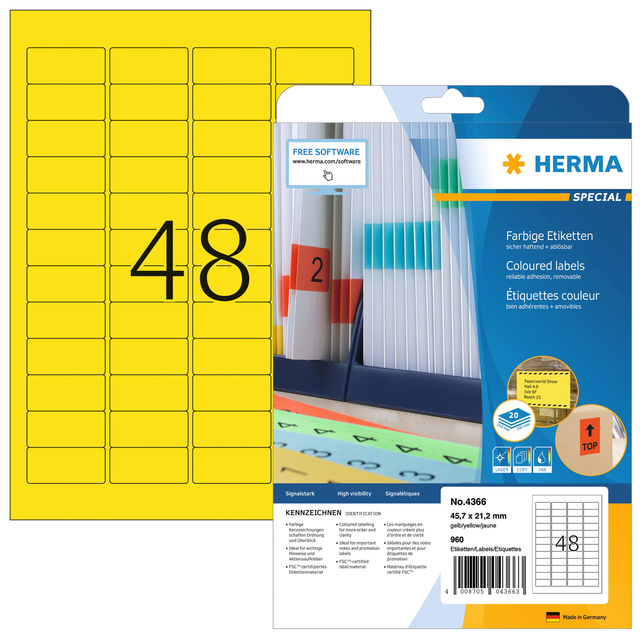 Etiket HERMA 4366 A4 45.7x21.2mm verwijderbaar geel afbeelding