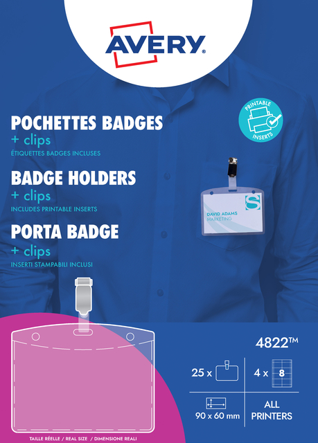 Badge Avery met clip 4822 60x90mm 25 stuks + 32 insteekkaarten afbeelding