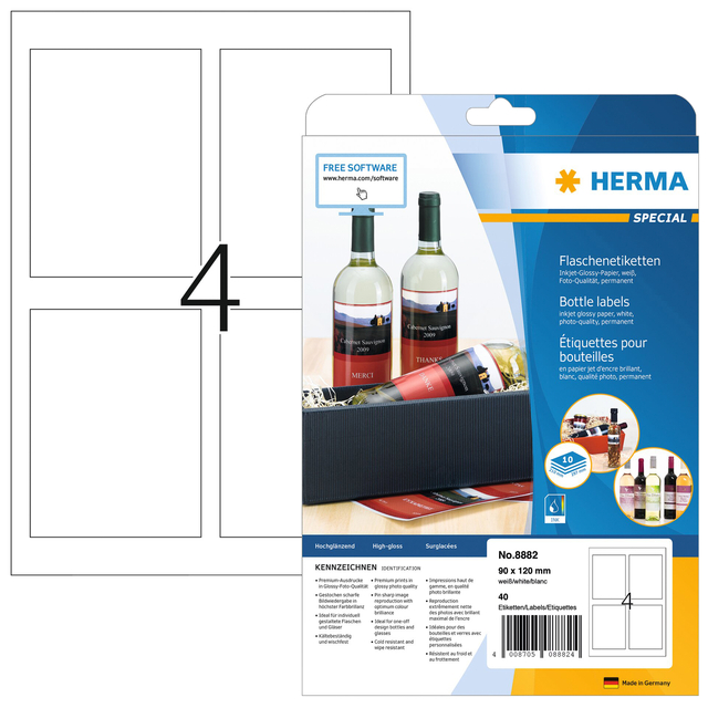 Etiket HERMA flessen 8882 90x120mm A4 glossy wit 40stuks afbeelding