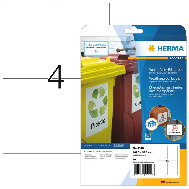 Etiket HERMA 4598 105x148mm A4 folie wit 40stuks afbeelding