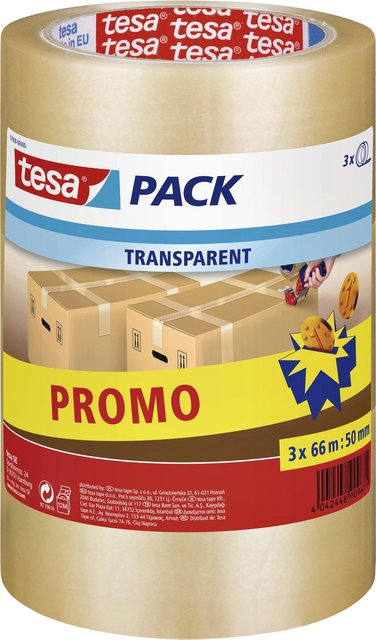 Verpakkingstape tesapack® 66mx50mm transparant promopack 3 rollen afbeelding
