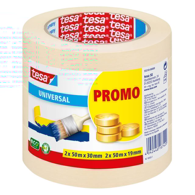 Afplaktape tesa® Economy 2x 50mx30mm, 2x 50mx19mm promopack afbeelding