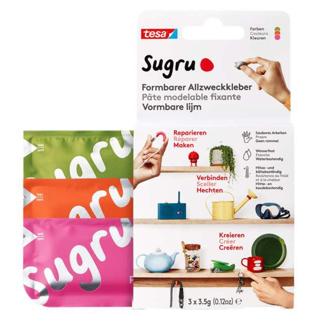 Kneedbare hobbylijm Sugru by tesa® sterke alleslijm 3 pakken roze oranje groen afbeelding