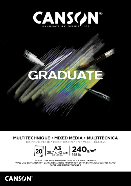 Tekenblok Canson Graduate Mixed Media black paper A3 20vel 240gr afbeelding