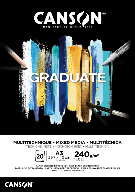 Tekenblok Canson Graduate Mixed Media black paper A3 20vel 240gr afbeelding