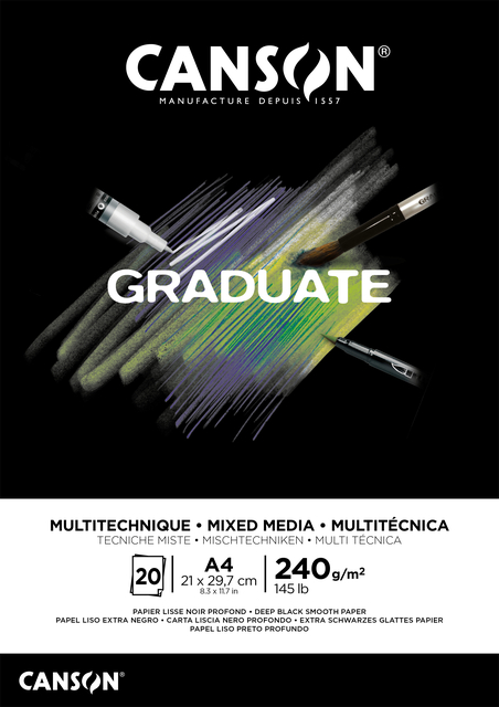 Tekenblok Canson Graduate Mixed Media black paper A4 20vel 240gr afbeelding