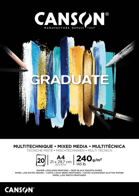 Tekenblok Canson Graduate Mixed Media black paper A4 20vel 240gr afbeelding