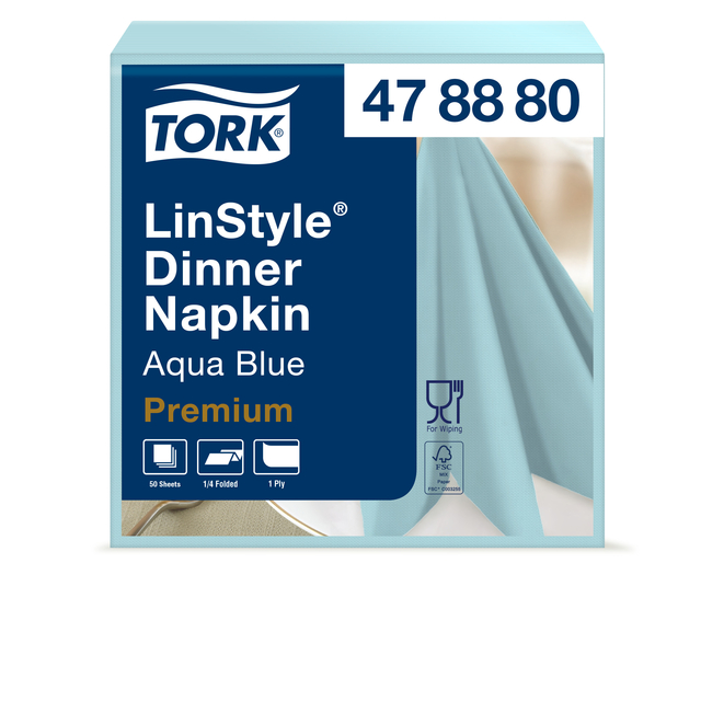 Dinerservet Tork Linstyle Premium 1/4 vouw 1-laags 390x390mm 50 vel aquablauw 478880 afbeelding