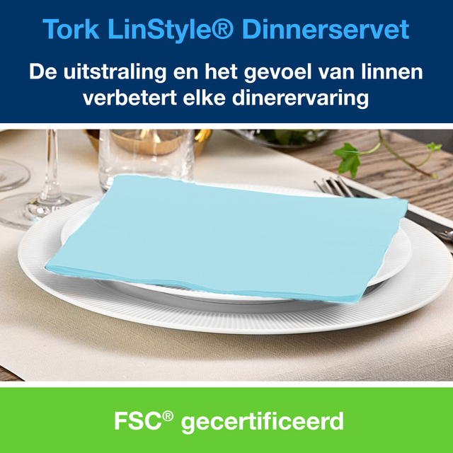 Dinerservet Tork Linstyle Premium 1/4 vouw 1-laags 390x390mm 50 vel aquablauw 478880 — Foto 2 van 2