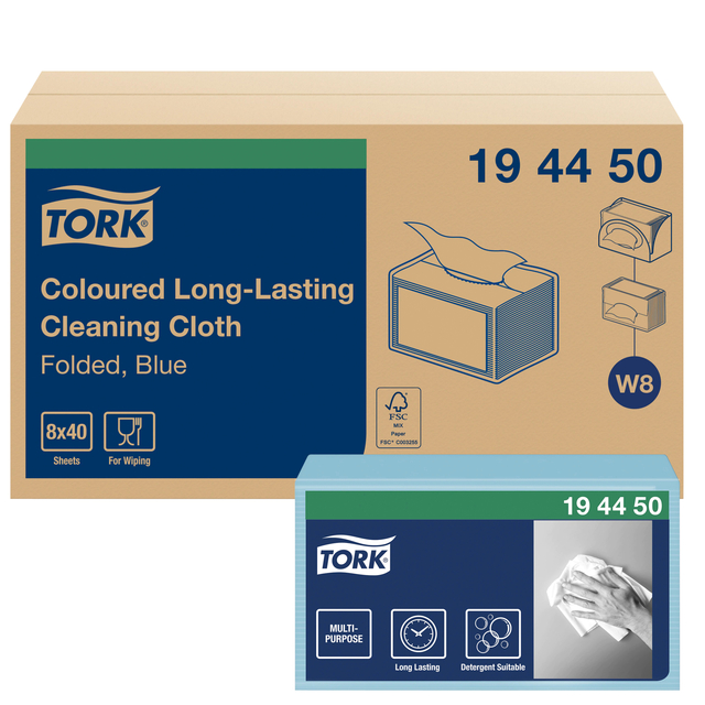 Reinigingsdoek Tork Long Lasting W8 multifunctioneel gevouwen blauw 194450 — Foto 2 van 2