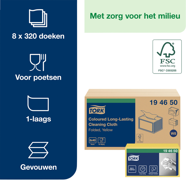 Reinigingsdoek Tork W8 Premium 1-laags 40 vel geel 194650 — Foto 2 van 2