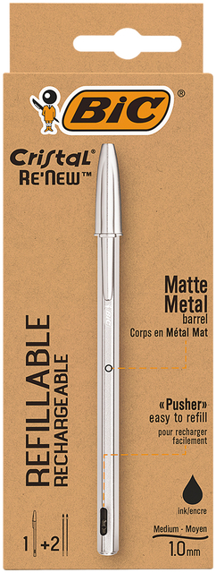 Balpen Bic Cristal Re-new medium zwart blister à 1 balpen + 2 vullingen afbeelding