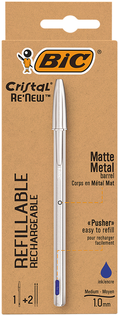 Balpen Bic Cristal Re-new medium blauw blister à 1 balpen + 2 vullingen afbeelding