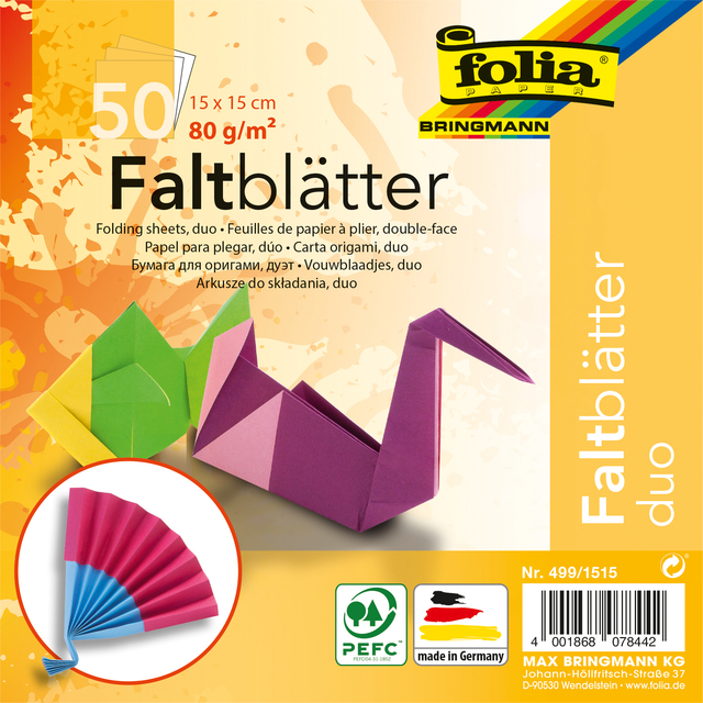 Vouwblaadjes Folia 80gr 15x15cm 50 vel 2-zijdig 10 duo kleuren afbeelding