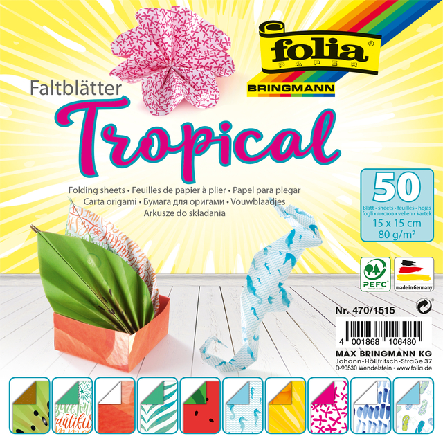 Vouwblaadjes Folia 80gr 15x15cm 50 vel 2-zijdig 10 tropical designs afbeelding