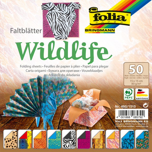 Vouwblaadjes Folia 80gr 15x15cm 50 vel 2-zijdig 10 wildlife designs afbeelding