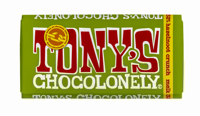 Chocolade Tony&apos;s Chocolonely melk hazelnoot crunch reep 180gr afbeelding