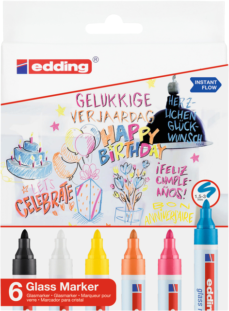 Viltstift edding 95 glasbord rond 1.5-3mm inclusief wit en zwart assorti set à 6 stuks afbeelding