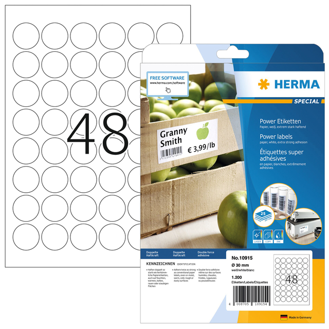 Etiket HERMA Power 10915 rond 30mm wit 1200 stuks