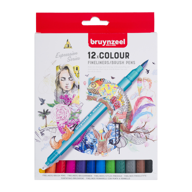 Fineliner Brush pen Bruynzeel Creatives set 12 kleuren afbeelding