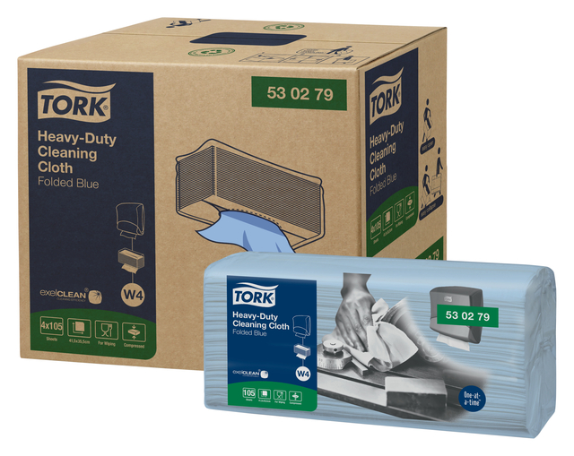 Reinigingsdoek Tork Heavy-Duty W4 gevouwen absorberend 105 vel blauw 530279 — Foto 2 van 2