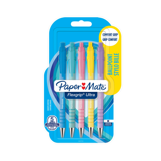 Balpen Paper Mate Flexgrip Ultra pastel medium schrijfkleur blauw blister à 5 stuks afbeelding