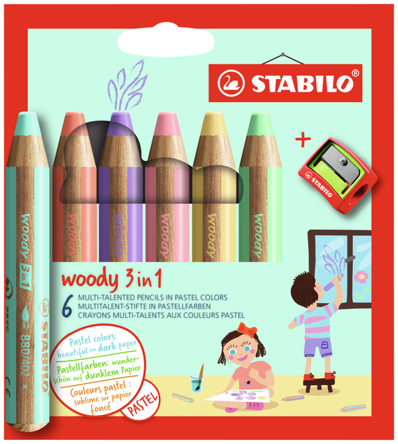 Kleurpotloden STABILO 880 woody inclusief puntenslijper pastel assorti etui à 6 stuks afbeelding
