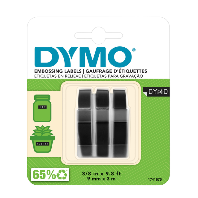 Reliëftape Dymo embossing plastic 9mm zwart op wit 3 stuks afbeelding