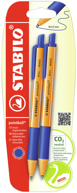 Balpen STABILO pointball 6030/41 medium blauw blister à 2 stuks afbeelding