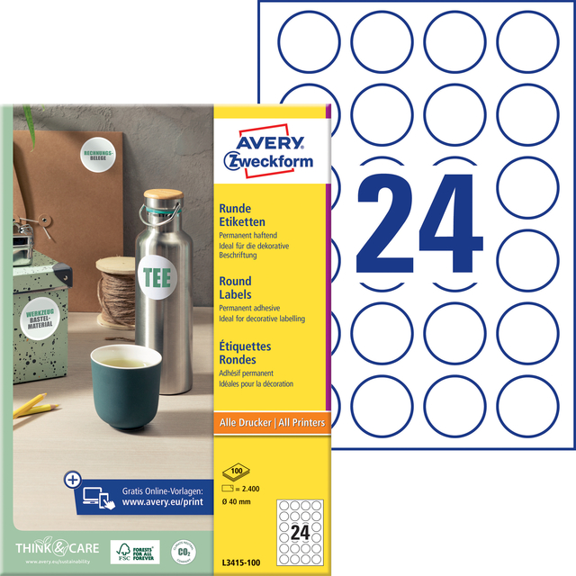 Etiket Avery L3415 rond 40mm wit 2400 stuks — Foto 2 van 2
