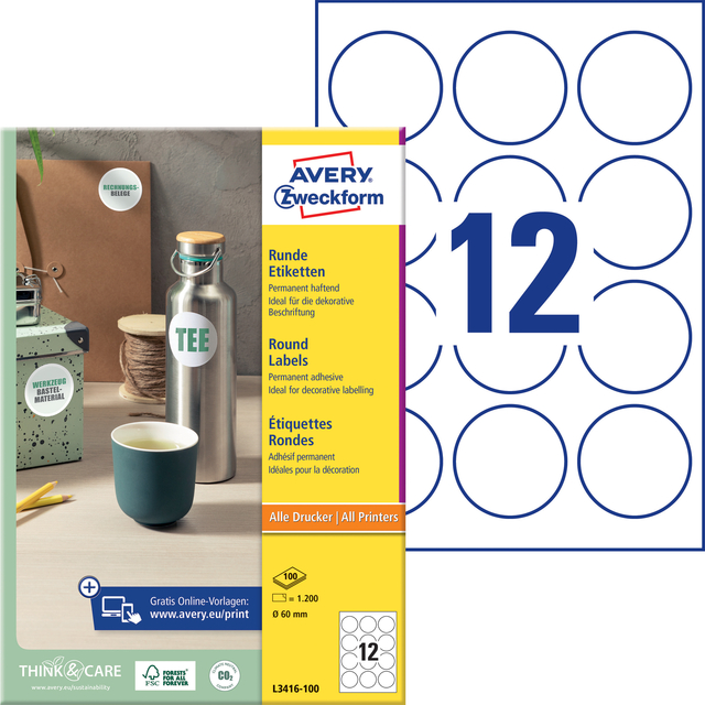 Etiket Avery L3416 rond 60mm wit 1200 stuks — Foto 2 van 2