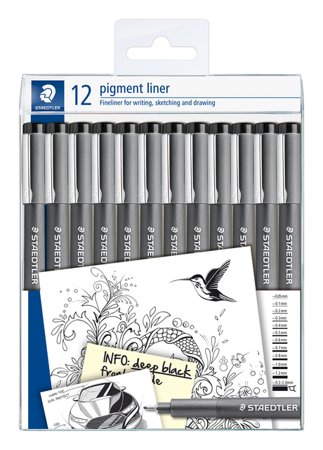 Fineliner Staedtler Pigment 308 zwart set à 12 breedtes afbeelding