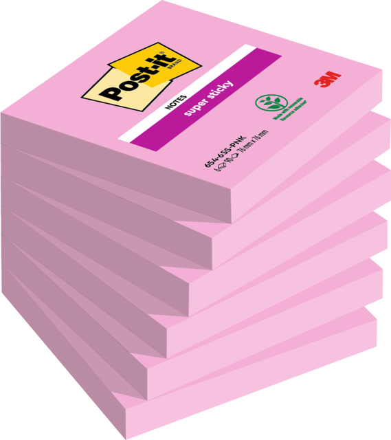 Memoblok Post-it 654 Super Sticky 76x76mm roze 90 vel afbeelding