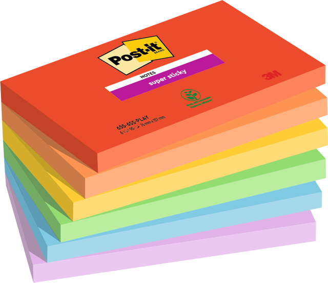 Memoblok Post-it 655 Super Sticky 76x127mm Playful 6 stuks afbeelding