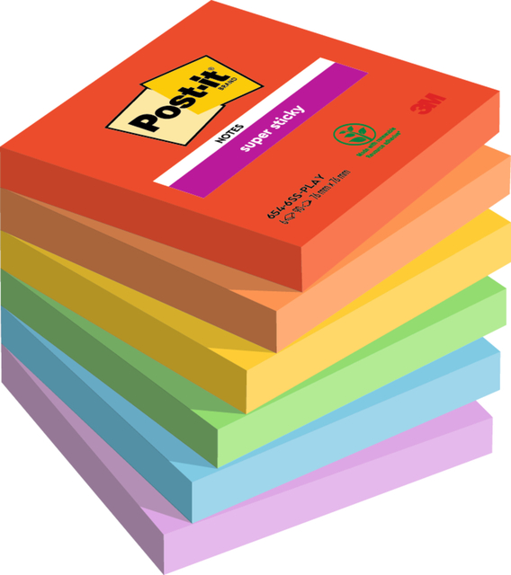 Memoblok Post-it 654 Super Sticky 76x76mm Playful 6 stuks afbeelding