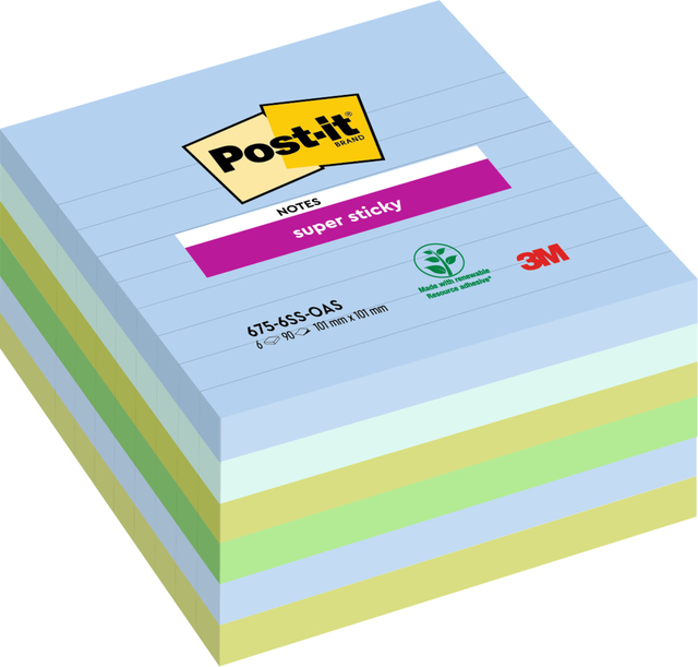 Memoblok Post-it 675-6 Super Sticky 101x101mm Oasis 6 stuks afbeelding