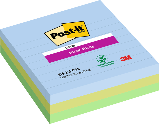 Memoblok Post-it 675-3 Super Sticky 101x101mm Oasis 3 stuks afbeelding