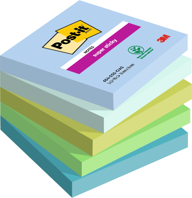 Memoblok Post-it 654 Super Sticky 76x76mm Oasis 5 stuks afbeelding